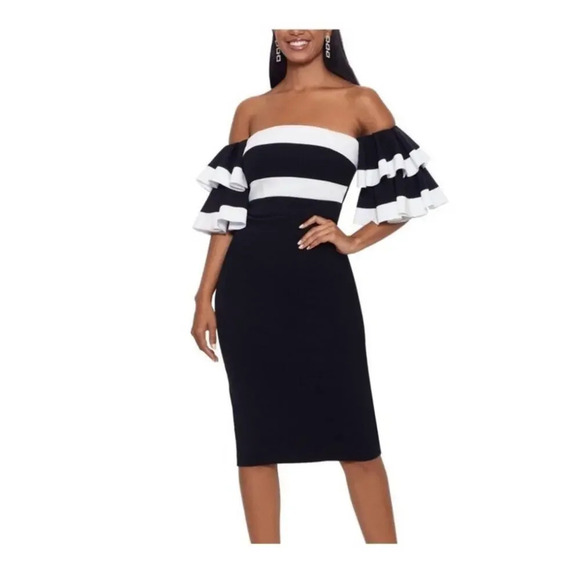 Chiara Boni La Petite Robe Off-The-Shoulder Ruffle-Sleeve Midi Dress US Size 2 - Picture 1 of 7